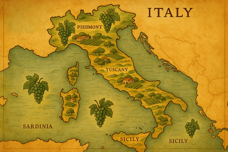 cartina dell'Italia con vigneti
